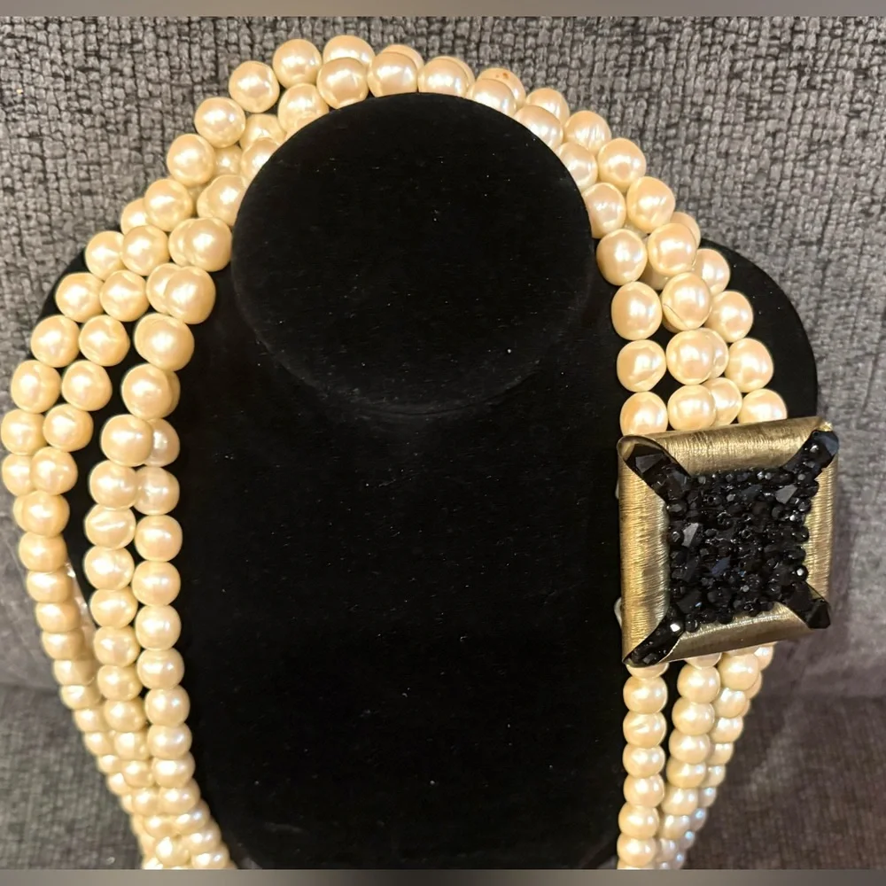 Vintage Four Strands Cream Faux Pearl Necklace W/ Black Beaded Pendant